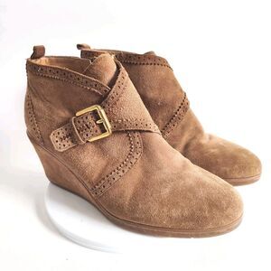 Franco Sarto Suede Oxford Monk Strap Booties Shoes 3"‎ Wedge Camel Tan Size 10